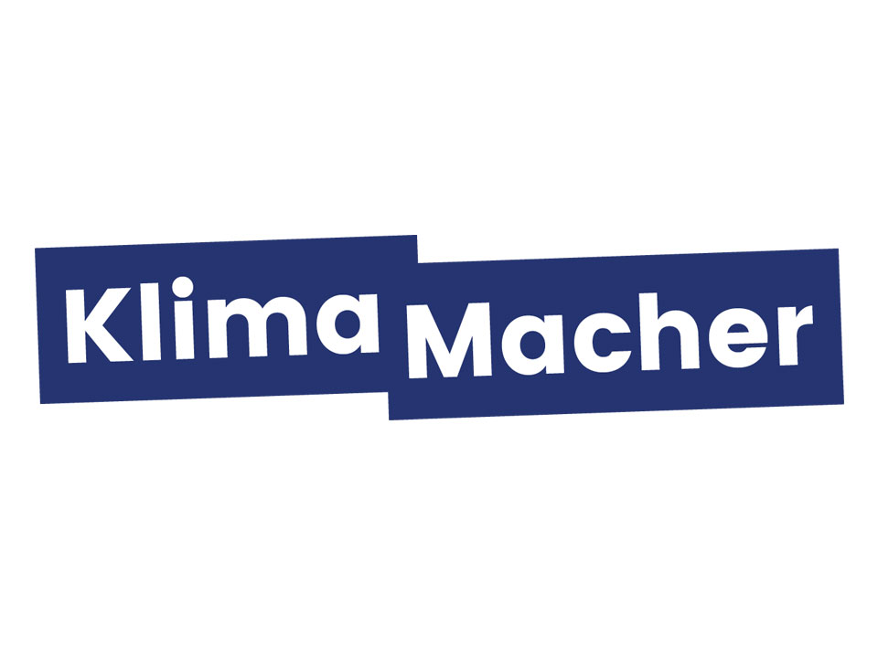 Logo der Initiative Klima Macher als weißer Schriftzug auf blauem Hintergrund