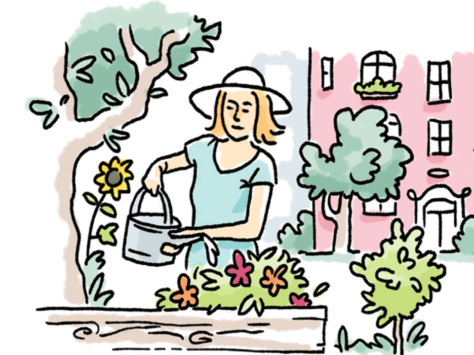 Zeichnung einer Frau, die Blumen gießt