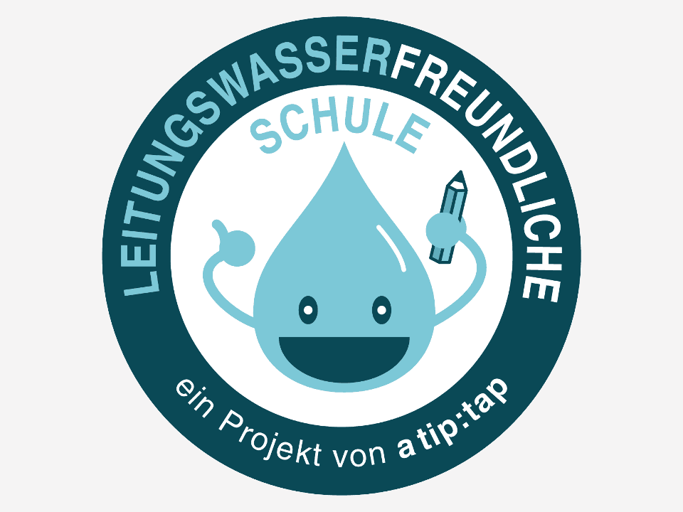 Logo mit einem vermenschlicht dargestellten lachenden Wassertropfen